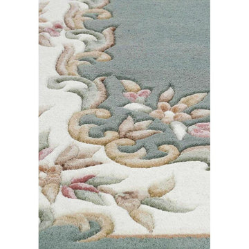 Royal Traditional Floral Aubusson Medallion Border French-Style Hand-Carved Hi-Low Textured Soft Durable Wool Green Round Rug-Melrose-Rug Love - The Most Loved Rug Store